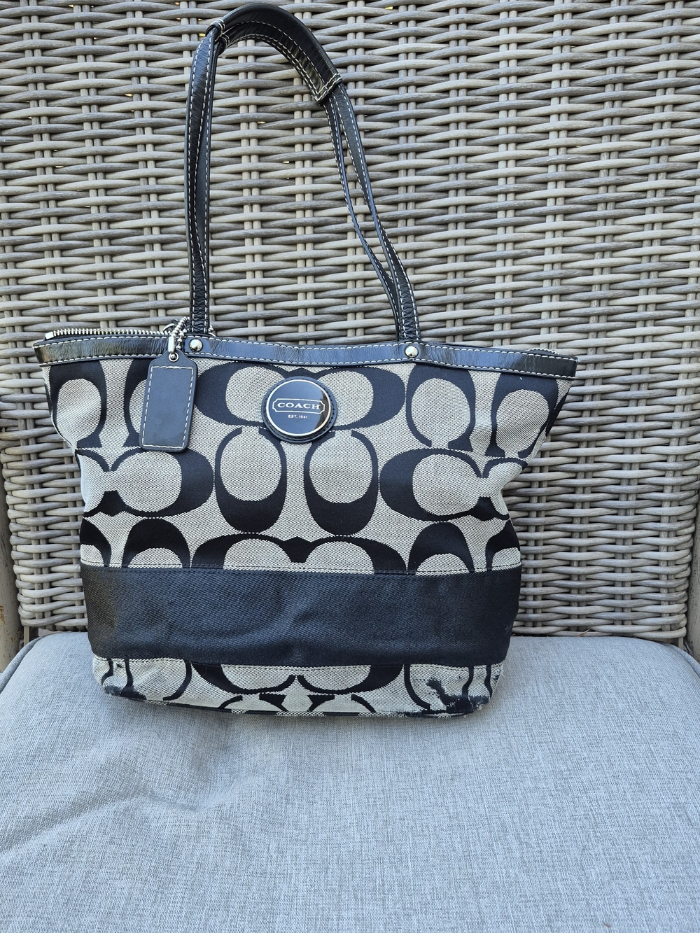 Coach F15112 Signature Stripe Tote Black Gray Jacquard Shoulder Bag
